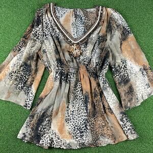 Vintage Y2K Mushbaby Sheer Animal Print Whimsy Boho Beaded Blouse Sz L